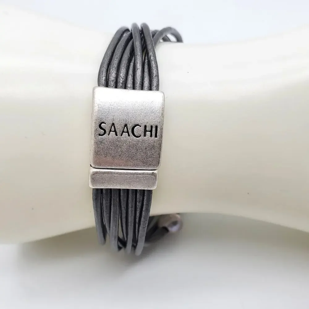 Saachi Freshwater Pearl Bracelet Gray Gunmetal Multi Strap Wrap Layered Modern - Picture 6 of 10